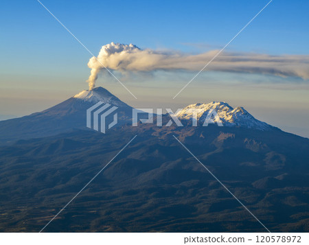 Popocatepetl volcano mexico aerial view at sunrise Popocatepetl volcano mexico aerial view at sunrise 120578972