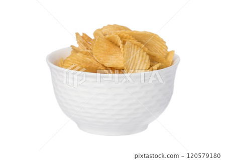 Potato chips bowl isolated on white 120579180