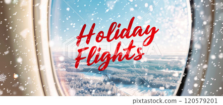 Winter Holiday Flights. Snowy Landscape View from Airplane Window with Seasonal Charm 120579201