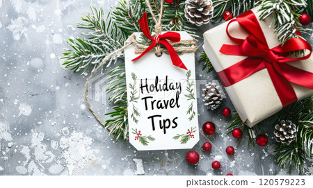 Holiday Travel Tips, Festive Gift Tag with Winter Pine Decor and Snowy Background 120579223