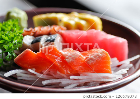 sashimi or raw salmon , Akami and raw tuna or raw mackerel and kanikama and wasabi or raw fish 120579378