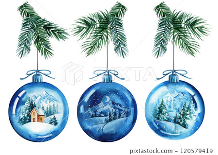 Blue baubles with pine branch. Winter landscape. Christmas ornaments holiday decoration isolated watercolor glass balls 120579419