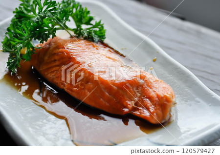 grilled salmon , salmon steak 120579427