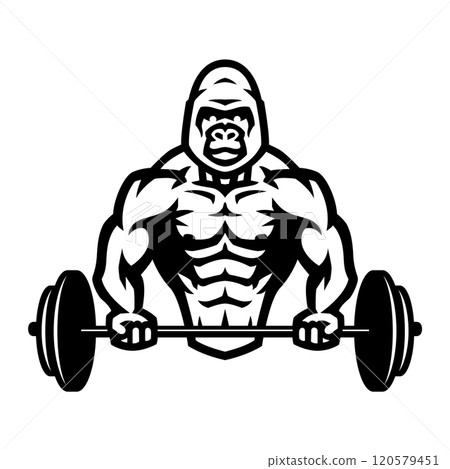 A bodybuilder with a gorilla head holds a barbell. 120579451
