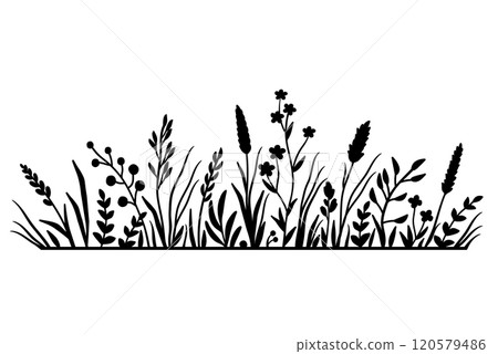 ornament with wildflowers, lavender, branches, plants and herbs with leaves, flowers, decorative design elements ornament with wildflowers, lavender, branches, plants and herbs with leaves, flowers, decorative design elements 120579486