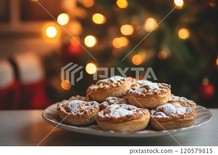 Plates of homemade mince pies dusted with powdered sugar are set against a backdrop of glowing Christmas tree lights 120579815