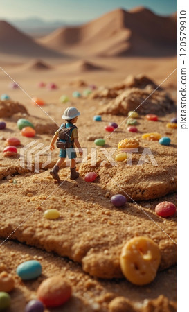Exploring a whimsical dessert landscape filled with colorful confections and sandy treats 120579910