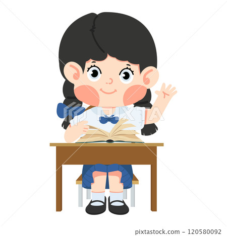 woman sitting at a desk with a book waving his hand 120580092