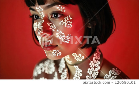 Bright studio fashion portrait of a young asian woman on red background Bright studio fashion portrait of a young asian woman on red background 120580101