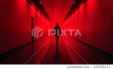Man walking in Corridor of Fear: Alone in the Dark with Creepy Lights, Scary Horror Background 120580113