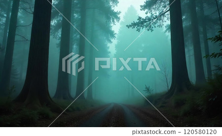 A dense forest shrouded in thick mist, with the outlines of trees barely visible A dense forest shrouded in thick mist, with the outlines of trees barely visible 120580120