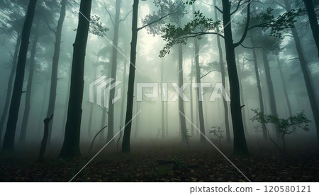 A dense forest shrouded in thick mist, with the outlines of trees barely visible A dense forest shrouded in thick mist, with the outlines of trees barely visible 120580121