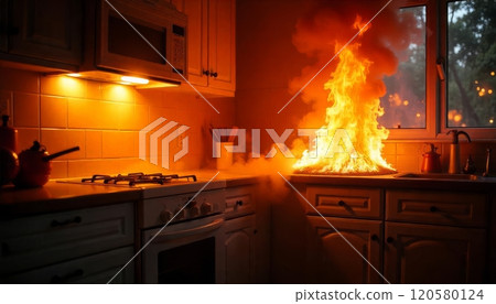 A kitchen engulfed in flames with smoke and sparks 120580124