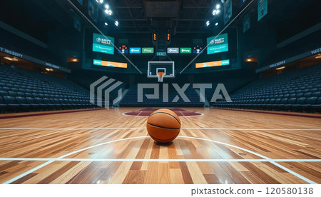 Professional basketball court, empty sport arena background, ball in the front 120580138