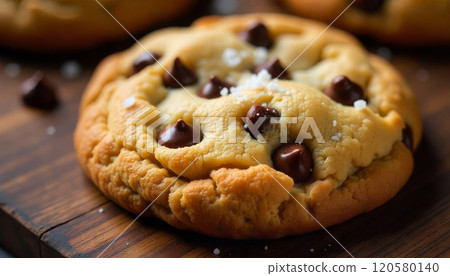 A chocolate chip cookie with a rich, gooey texture and melty chocolate chips 120580140