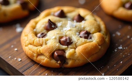 A chocolate chip cookie with a rich, gooey texture and melty chocolate chips 120580142