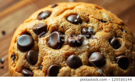 A chocolate chip cookie with a rich, gooey texture and melty chocolate chips A chocolate chip cookie with a rich, gooey texture and melty chocolate chips 120580144