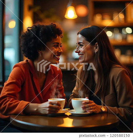 Wide shot with copy space of couple friends in cafe 120580150