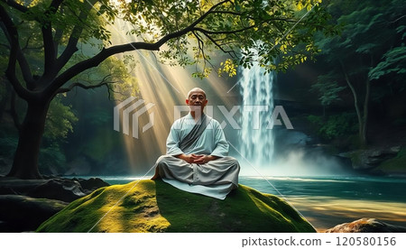 Buddhist monk meditation in the forest, waterfall 120580156