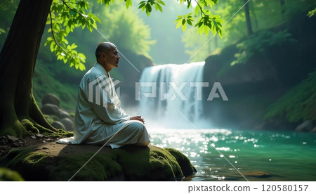 Buddhist monk meditation in the forest, waterfall 120580157