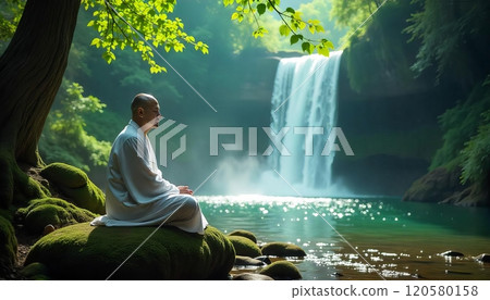 Buddhist monk meditation in the forest, waterfall 120580158