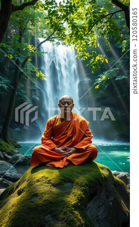 Buddhist monk meditation in the forest, waterfall Buddhist monk meditation in the forest, waterfall 120580165