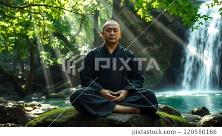Buddhist monk meditation in the forest, waterfall 120580166