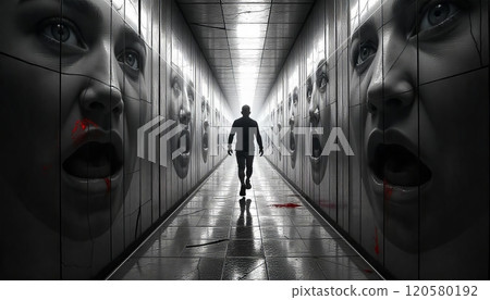 Man walking in Corridor of Fear: Alone in the Dark with Creepy Lights, Scary Horror Background 120580192