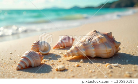 Seashells on the Shoreline: A vibrant collection of seashells scattered on the sandy beach, bathed in the turquoise waters of the ocean. Capture the essence of coastal beauty and tranquility Seashells on the Shoreline: A vibrant collection of seashells scattered on the sandy beach, bathed in the turquoise waters of the ocean. Capture the essence of coastal beauty and tranquility 120580195