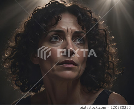 portrait of a woman in a studio setup with a dark and moody atmosphere and an enigmatic expression on her face 120580233