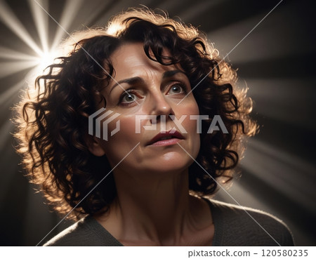 portrait of a woman in a studio setup with a dark and moody atmosphere and an enigmatic expression on her face 120580235