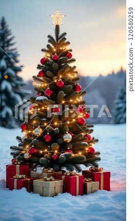 Christmas tree decorated with golden and red balls standing in the snow with gift boxes under, vertical photo Christmas tree decorated with golden and red balls standing in the snow with gift boxes under, vertical photo 120580259