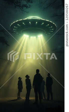 Alien spaceship above the surface of the Earth. People look at the mesmerizing spectacle. Contact with extraterrestrial civilization. Alien spaceship above the surface of the Earth. People look at the mesmerizing spectacle. Contact with extraterrestrial civilization. 120580267