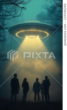 Alien spaceship above the surface of the Earth. People look at the mesmerizing spectacle. Contact with extraterrestrial civilization. 120580269