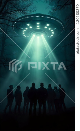 Alien spaceship above the surface of the Earth. People look at the mesmerizing spectacle. Contact with extraterrestrial civilization. 120580270