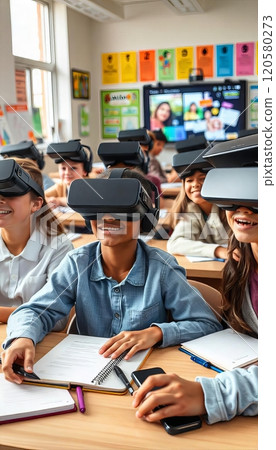 A group of young, diverse students wearing VR headsets sit in a classroom with books around. The scene reveals a modern educational setting where technology is used for interactive learning, vertical A group of young, diverse students wearing VR headsets sit in a classroom with books around. The scene reveals a modern educational setting where technology is used for interactive learning, vertical 120580273