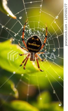 Macro photo of spider in its web against green background 120580277