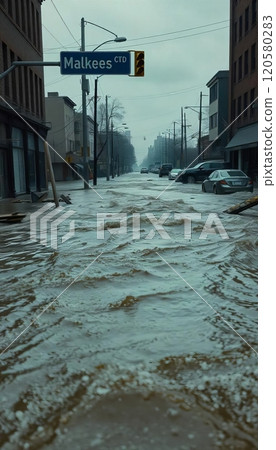 Urban streets completely flooded after a hurricane, with cars submerged in water, street signs barely visible, and people wading through the water to find safety 120580283