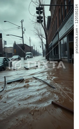 Urban streets completely flooded after a hurricane, with cars submerged in water, street signs barely visible, and people wading through the water to find safety Urban streets completely flooded after a hurricane, with cars submerged in water, street signs barely visible, and people wading through the water to find safety 120580284