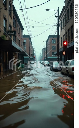 Urban streets completely flooded after a hurricane, with cars submerged in water, street signs barely visible, and people wading through the water to find safety 120580286