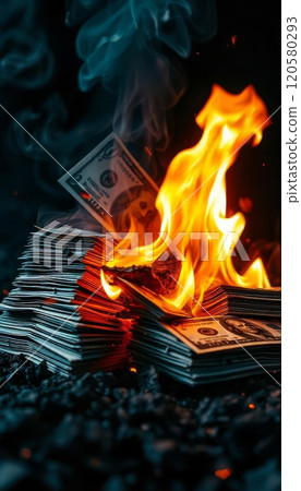 Inflation or burning money concept with pile of dollar bills on fire Inflation or burning money concept with pile of dollar bills on fire 120580293
