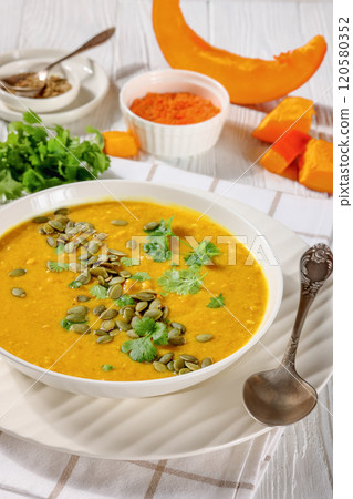 Pumpkin Red Lentil Soup in white bowl, top view Pumpkin Red Lentil Soup in white bowl, top view 120580352