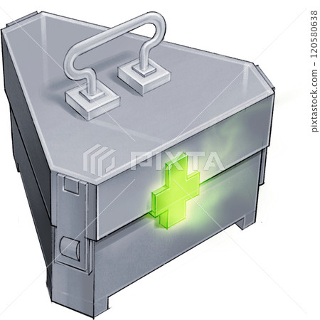 Emergency first aid kit with glowing green cross symbol Emergency first aid kit with glowing green cross symbol 120580638
