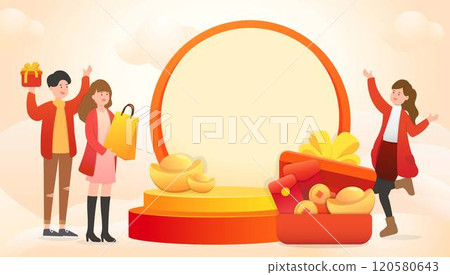 Family and friends celebrating Chinese New Year, circular frame template with stage, gifts with ingots and gold coins 120580643