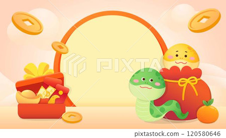 Chinese New Year poster, round frame template, gift box with a lot of wealth and cute snake mascot Chinese New Year poster, round frame template, gift box with a lot of wealth and cute snake mascot 120580646