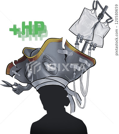 Concept art of an enchanted living Munchhausen's hat with a scissors and IV drips 120580659