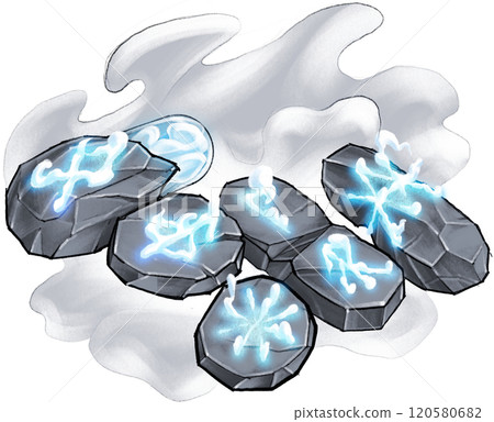 Mystic glowing pill shaped runestones with ancient runes 120580682