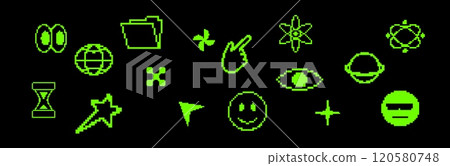 Pixel graphic set with retro waves, blasts, and Y2K symbols. 120580748
