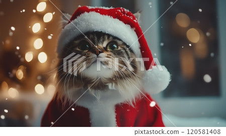 Fluffy Cat in Santa Costume with Snowfall and Festive Lights_2 Fluffy Cat in Santa Costume with Snowfall and Festive Lights_2 120581408