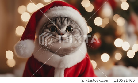 Fluffy Cat in Santa Costume with Snowfall and Festive Lights_3 Fluffy Cat in Santa Costume with Snowfall and Festive Lights_3 120581409